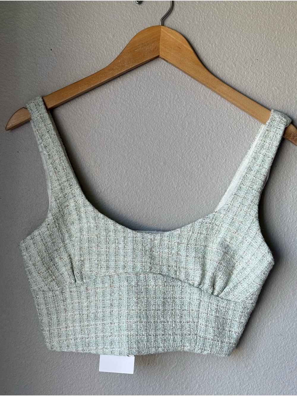New With Tags ZARA Light Mint Tweed Crop Top Corset Sleeveless Metallic size S